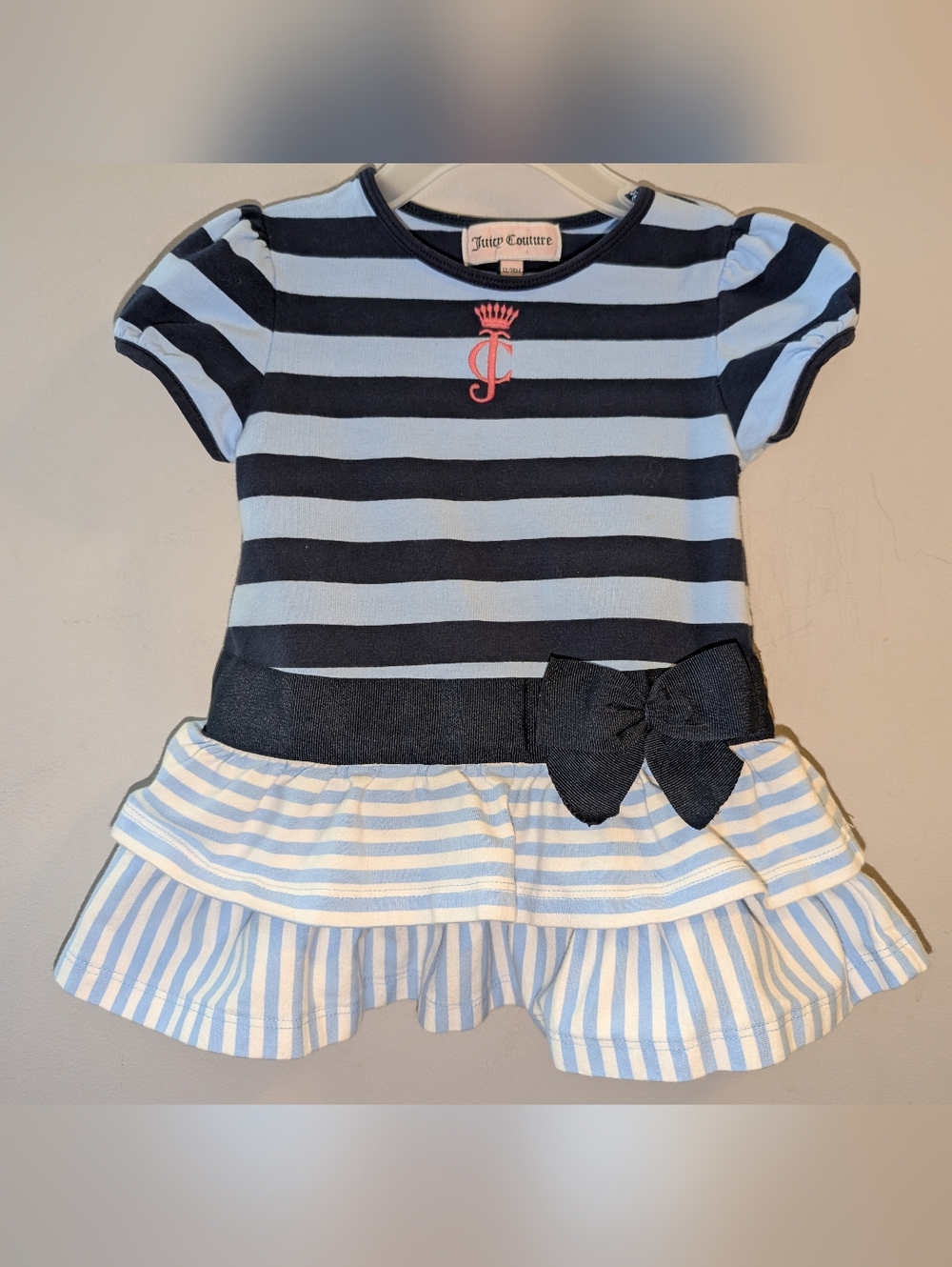 💙 Juicy Couture Navy & Light Blue Striped Toddler Girl Dress with Grosgrain Bow